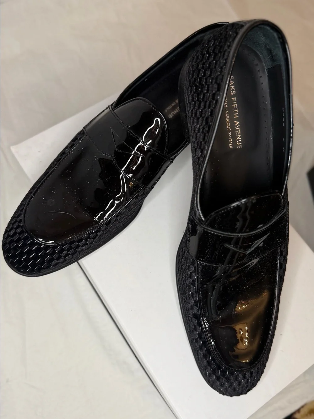 Saks Fifth Avenue Black Patent Leather Woven-Trim Penny Loafers